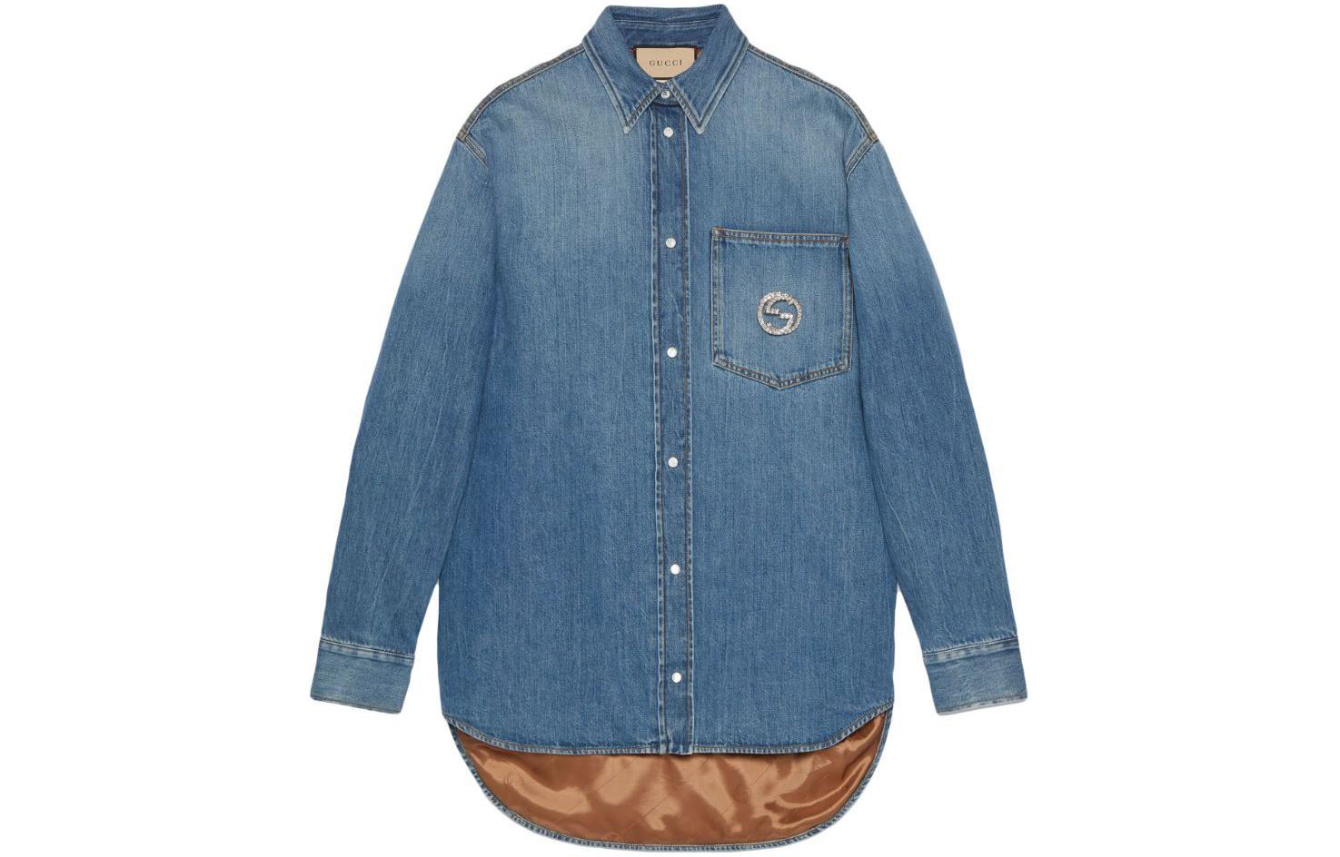 (Women) Gucci SS24 Blue Denim Jacket with Crystal Logo Collar 772882-XDCT9-4447