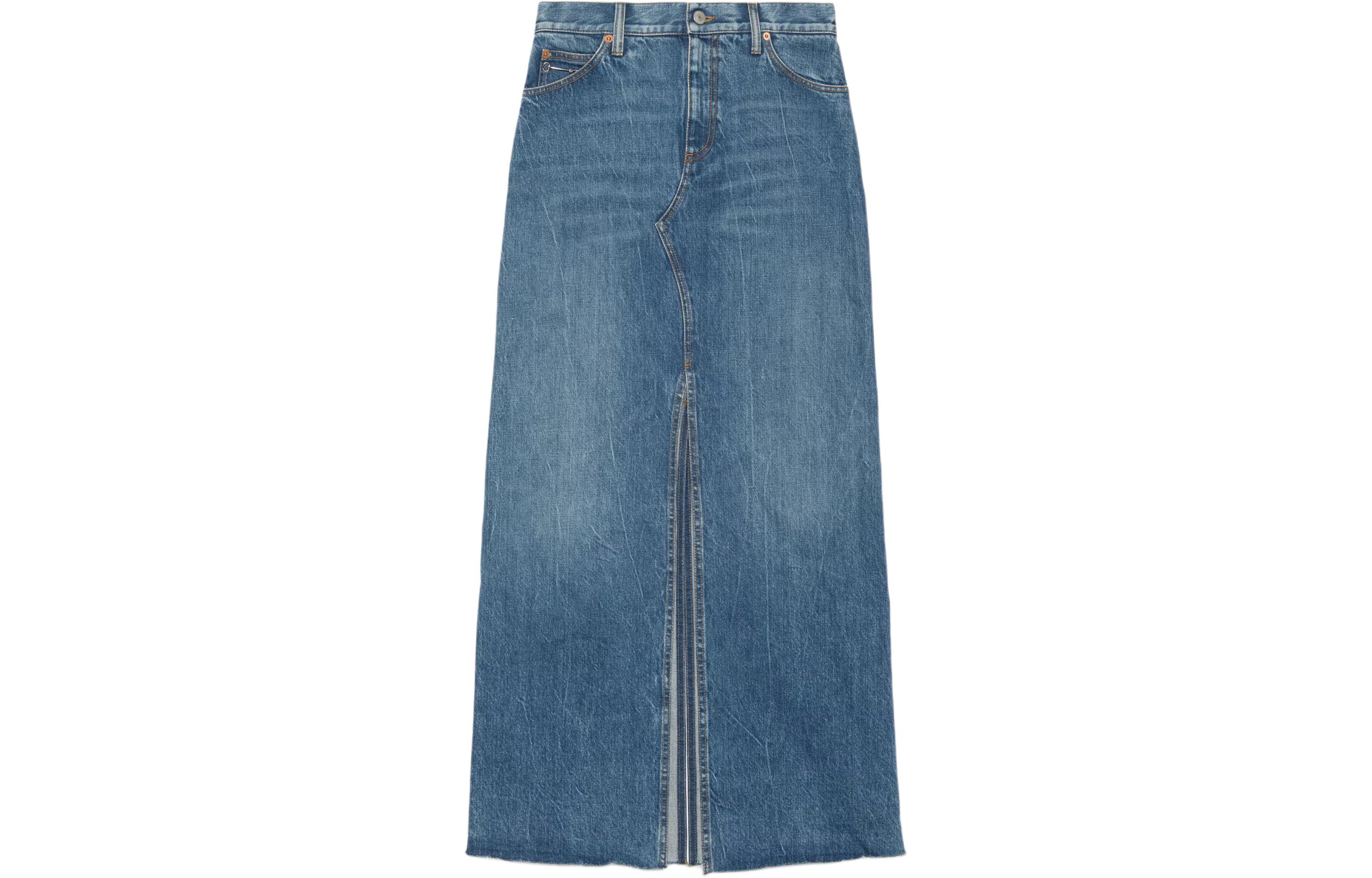 (Women) GUCCI SS24 Blue Denim Midi Skirt with Horsebit Detail for Women. 776517-XDCQ-04447