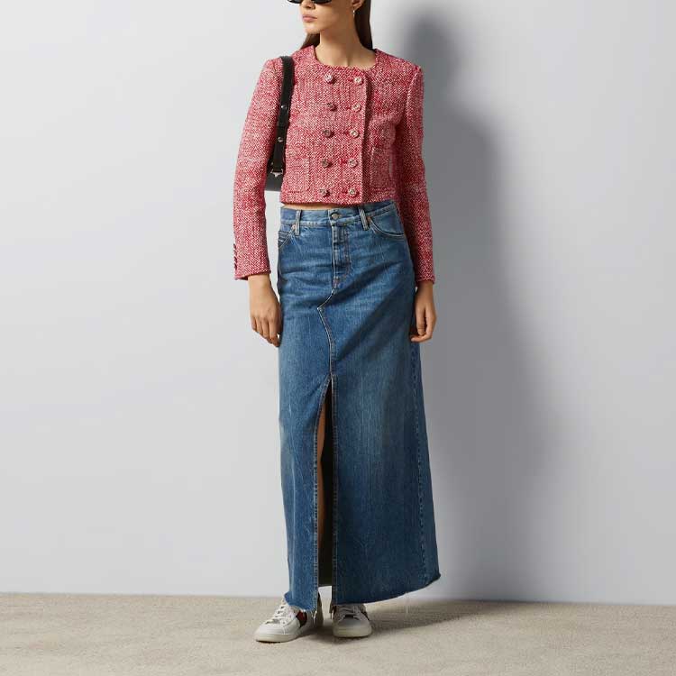 Lookbook (W) GUCCI SS24 女裝藍色牛仔中長裙配馬銜扣細節. 776517-XDCQ-04447