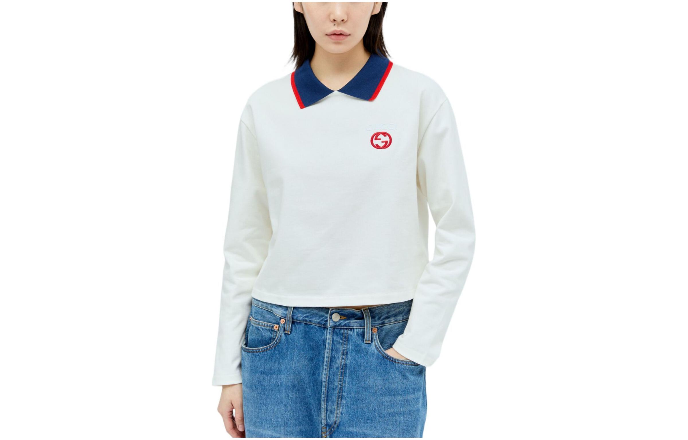 (Women) Gucci SS24 Colorblock Striped Long Sleeve Polo Shirt White 768165-XJF8Z-9088