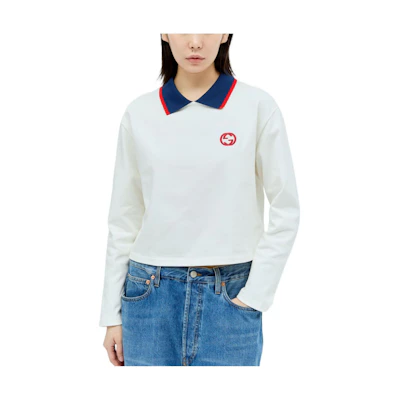 (Women) Gucci SS24 Colorblock Striped Long Sleeve Polo Shirt White 768165-XJF8Z-9088