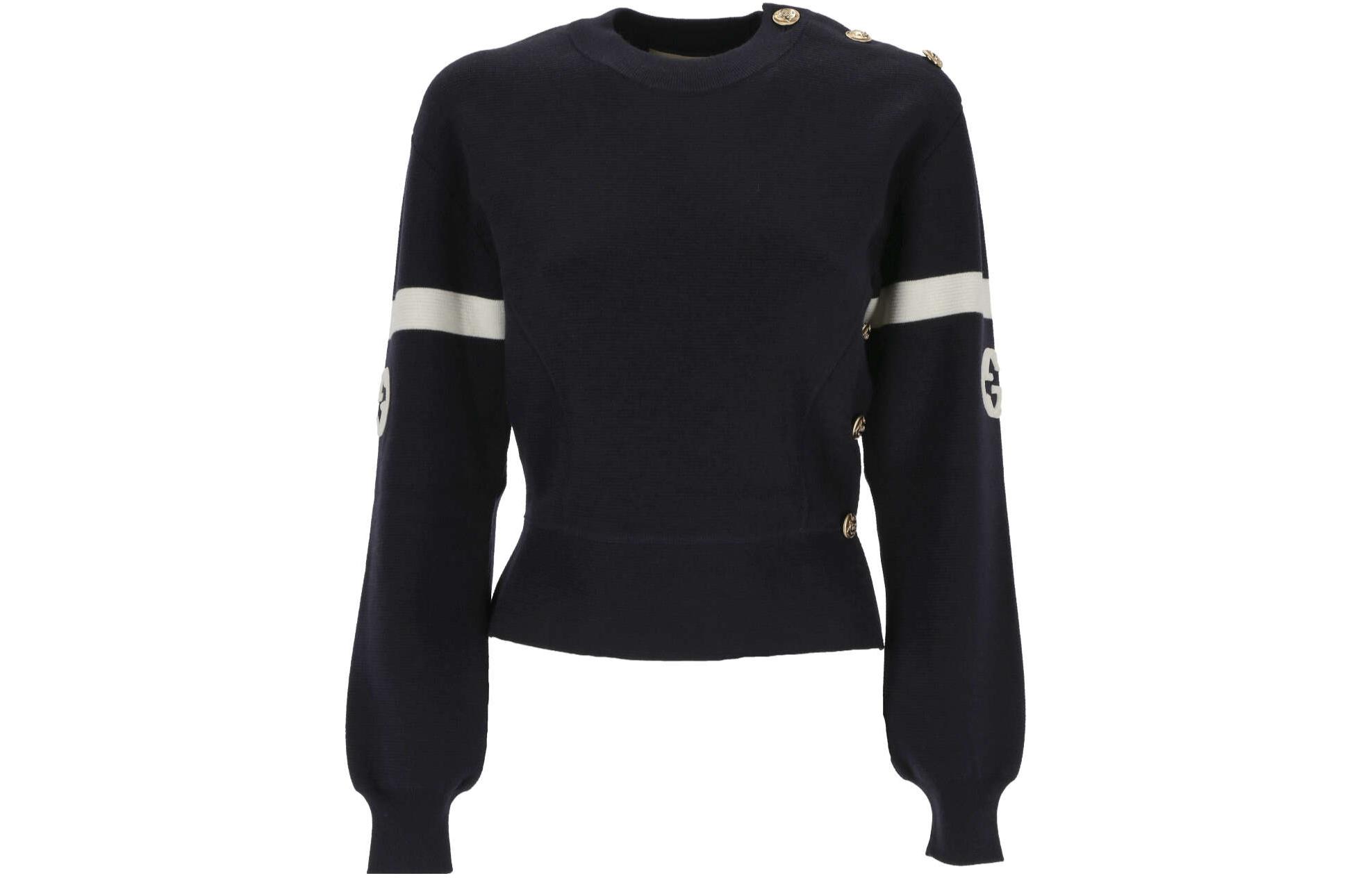 (Women) Gucci SS24 Contrast Stripe Button Pullover Knit Sweater Black 764692-XKDQS-4417