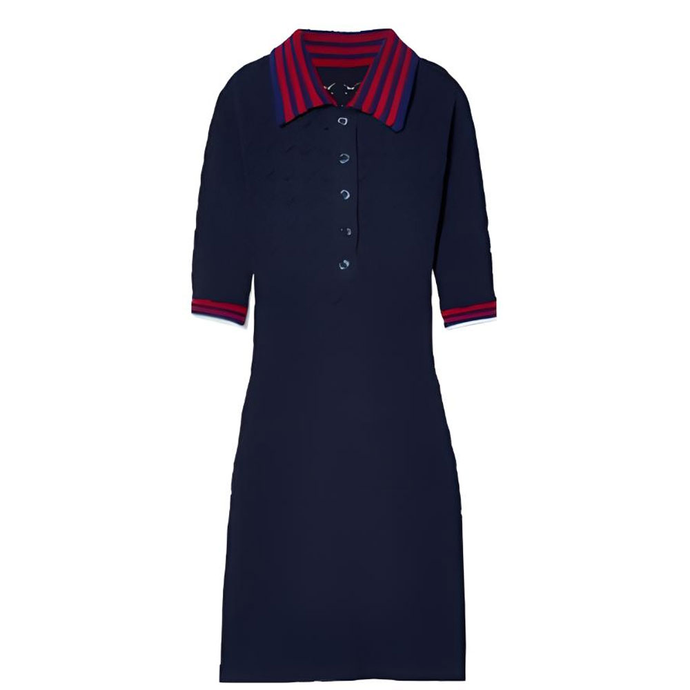 (Women) Gucci SS24 Dark Blue Striped Polo Collar Slim Dress 792041-XKD4C-4735