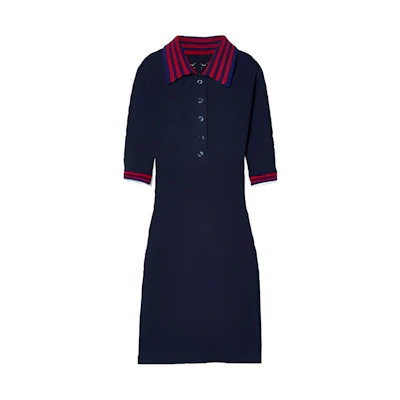 (Women) Gucci SS24 Dark Blue Striped Polo Collar Slim Dress 792041-XKD4C-4735