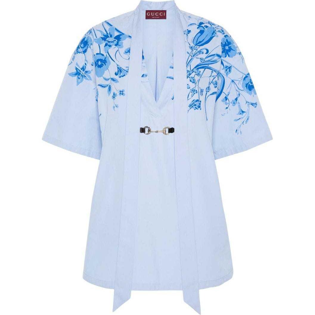 (Women) Gucci SS24 Floral V-neck Short Dress for Women in Cornflower Blue 788835-Z8BSV-4375
