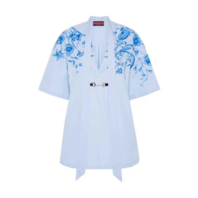 (Women) Gucci SS24 Floral V-neck Short Dress for Women in Cornflower Blue 788835-Z8BSV-4375