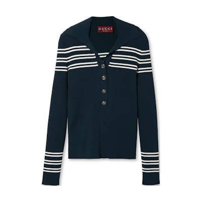 (Women) GUCCI SS24 Gucci Lido Collection Striped Button-Up Long Sleeve Polo Shirt Navy 788861-XKD2T-4492