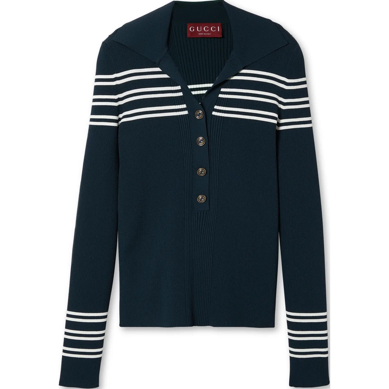 Order (W) GUCCI SS24 Gucci Lido系列條紋長袖襯衫式POLO衫 海軍藍 788861-XKD2T-4492