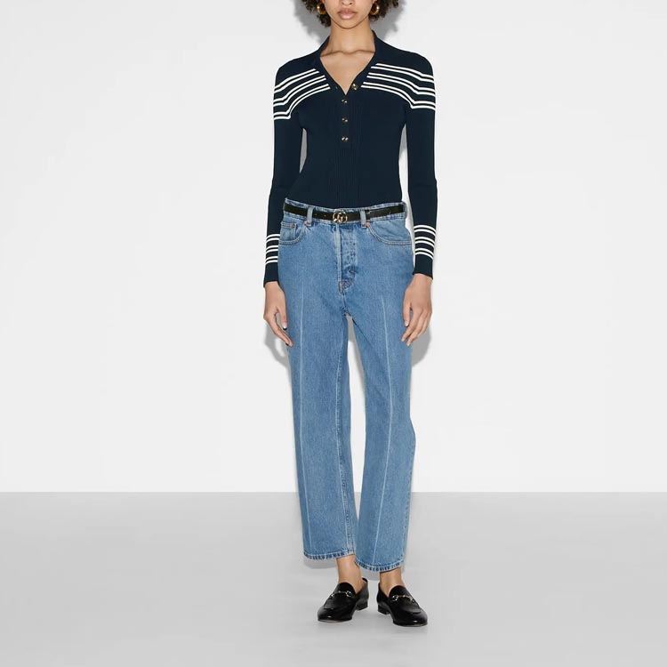 Lookbook (W) GUCCI SS24 Gucci Lido系列條紋長袖襯衫式POLO衫 海軍藍 788861-XKD2T-4492