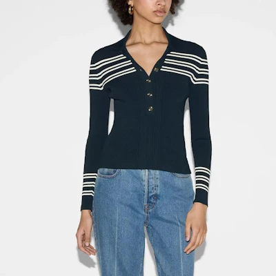 (W) GUCCI SS24 Gucci Lido系列條紋長袖襯衫式POLO衫 海軍藍 788861-XKD2T-4492 Shop (W) GUCCI SS24 Gucci Lido系列條紋長袖襯衫式POLO衫 海軍藍 788861-XKD2T-4492