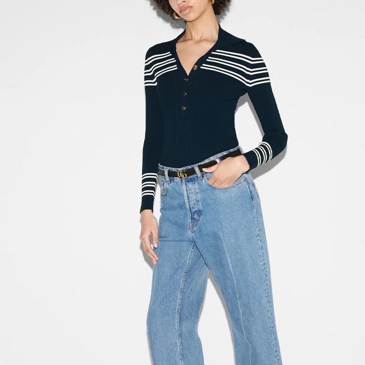Details for (W) GUCCI SS24 Gucci Lido系列條紋長袖襯衫式POLO衫 海軍藍 788861-XKD2T-4492