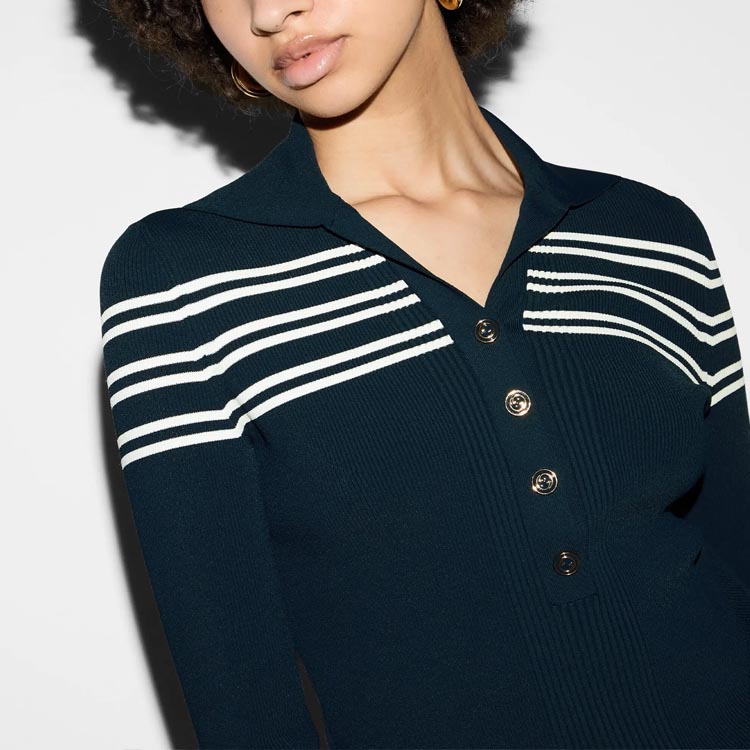 Sizing (W) GUCCI SS24 Gucci Lido系列條紋長袖襯衫式POLO衫 海軍藍 788861-XKD2T-4492