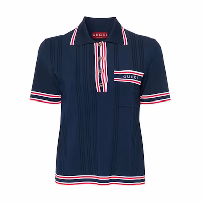 (Women) Gucci SS24 Gucci Lido Multicolor Logo Print Trim Fit Polo Shirt Navy Blue 691713-XKD26-海军蓝色