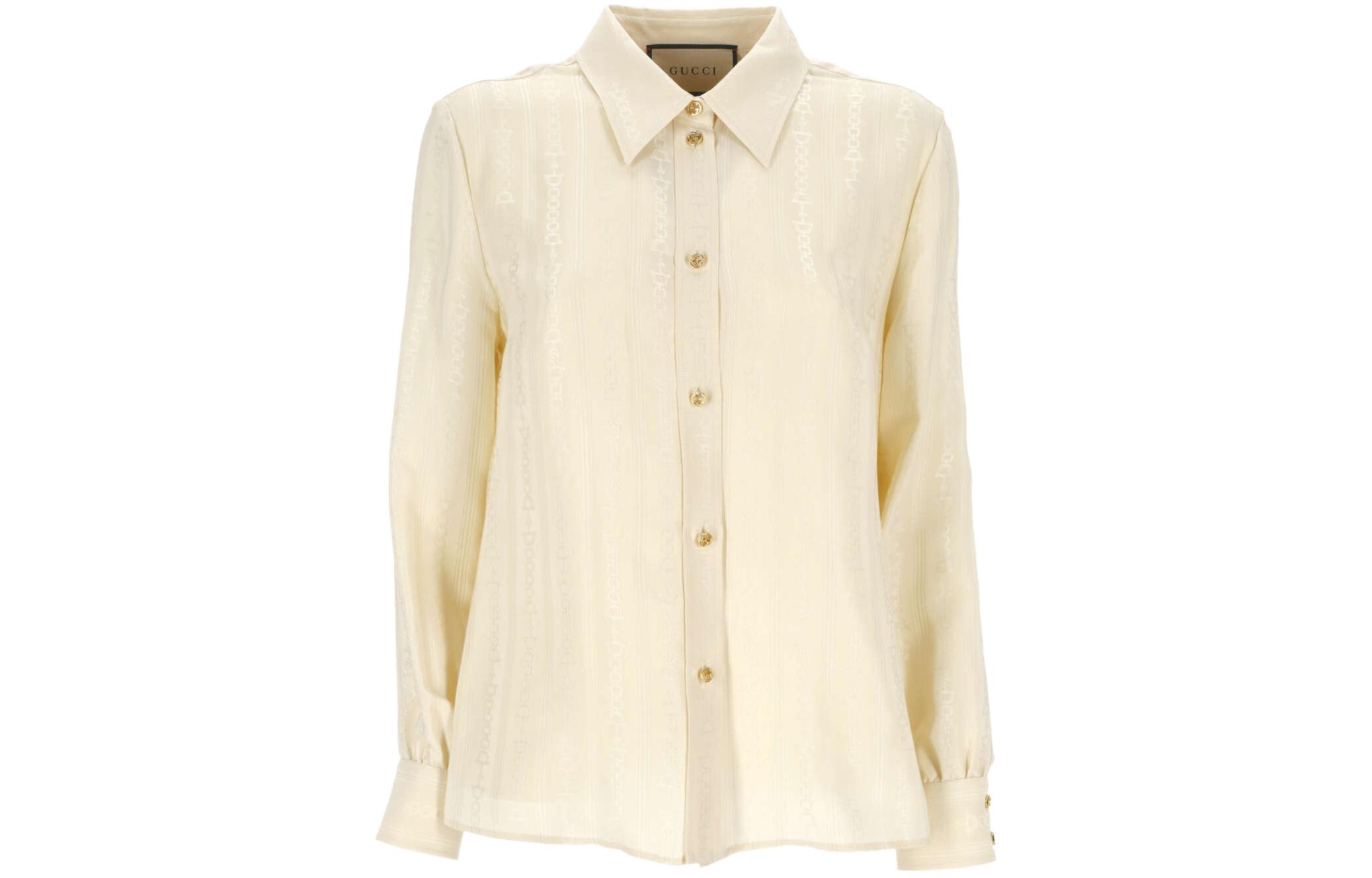 (Women) Gucci SS24 Light Yellow Letter Collar Long Sleeve Shirt 771928-ZAOPY-9200