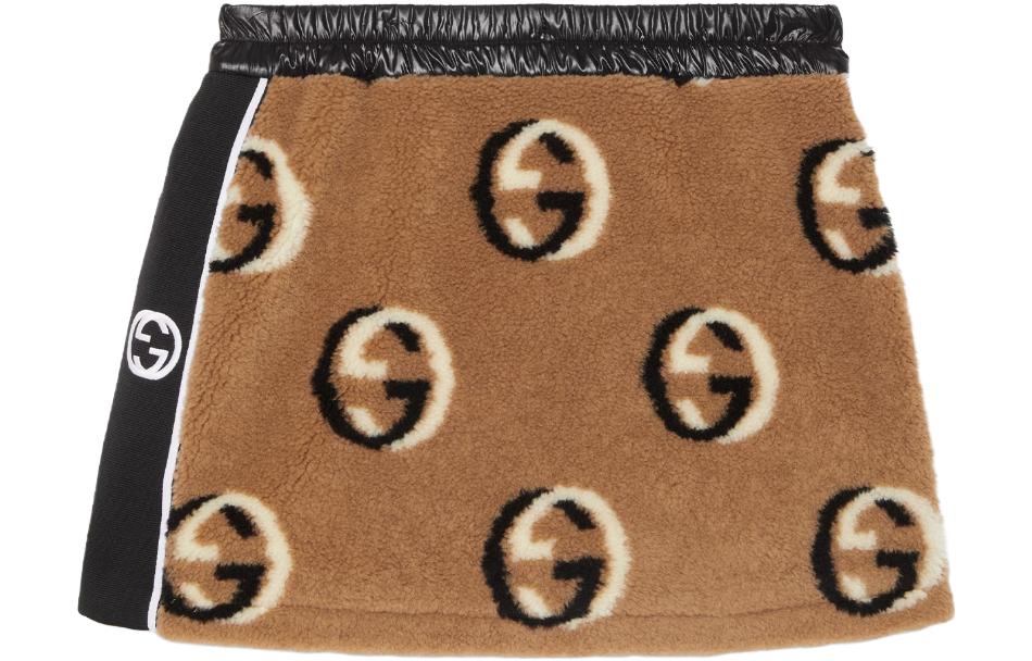 (Women) Gucci SS24 Logo Jacquard Fleece Casual Skirt Brown 767012-XJF7Q-2184