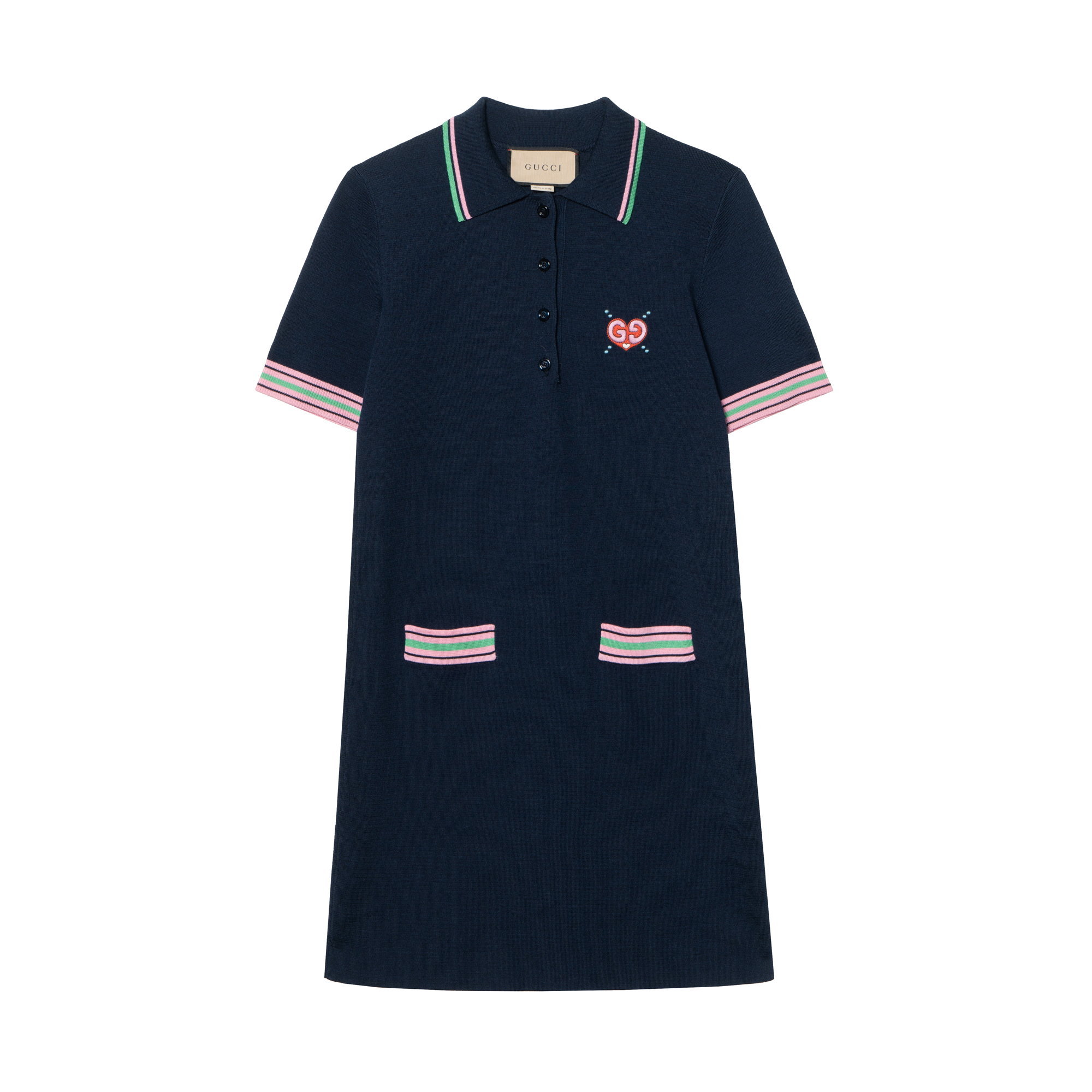 (Women) Gucci SS24 Navy Striped Logo Embroidered Button-Up Short-Sleeve Dress Women 782256-XKD0I-4215