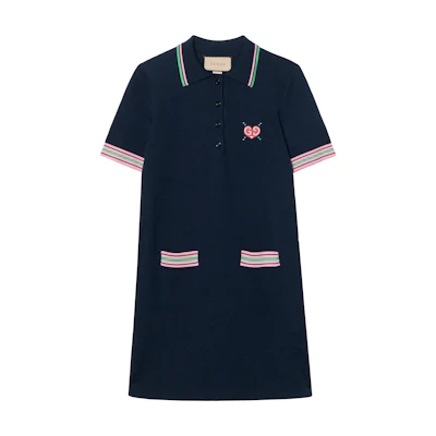 (Women) Gucci SS24 Navy Striped Logo Embroidered Button-Up Short-Sleeve Dress Women 782256-XKD0I-4215
