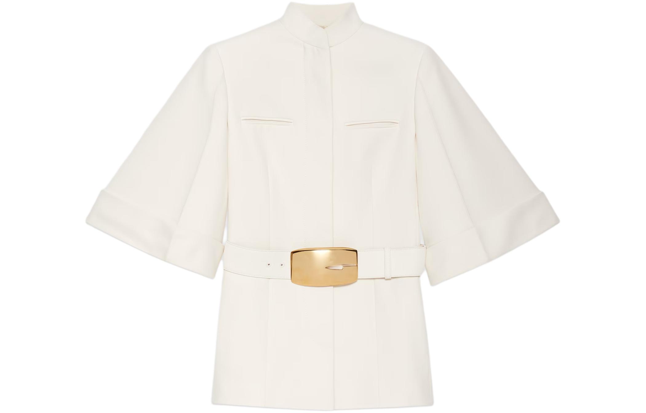 (Women) Gucci SS24 Solid Color Tie-Neck Short-Sleeve Jacket - Off-White 776581-Z8BQH-9002