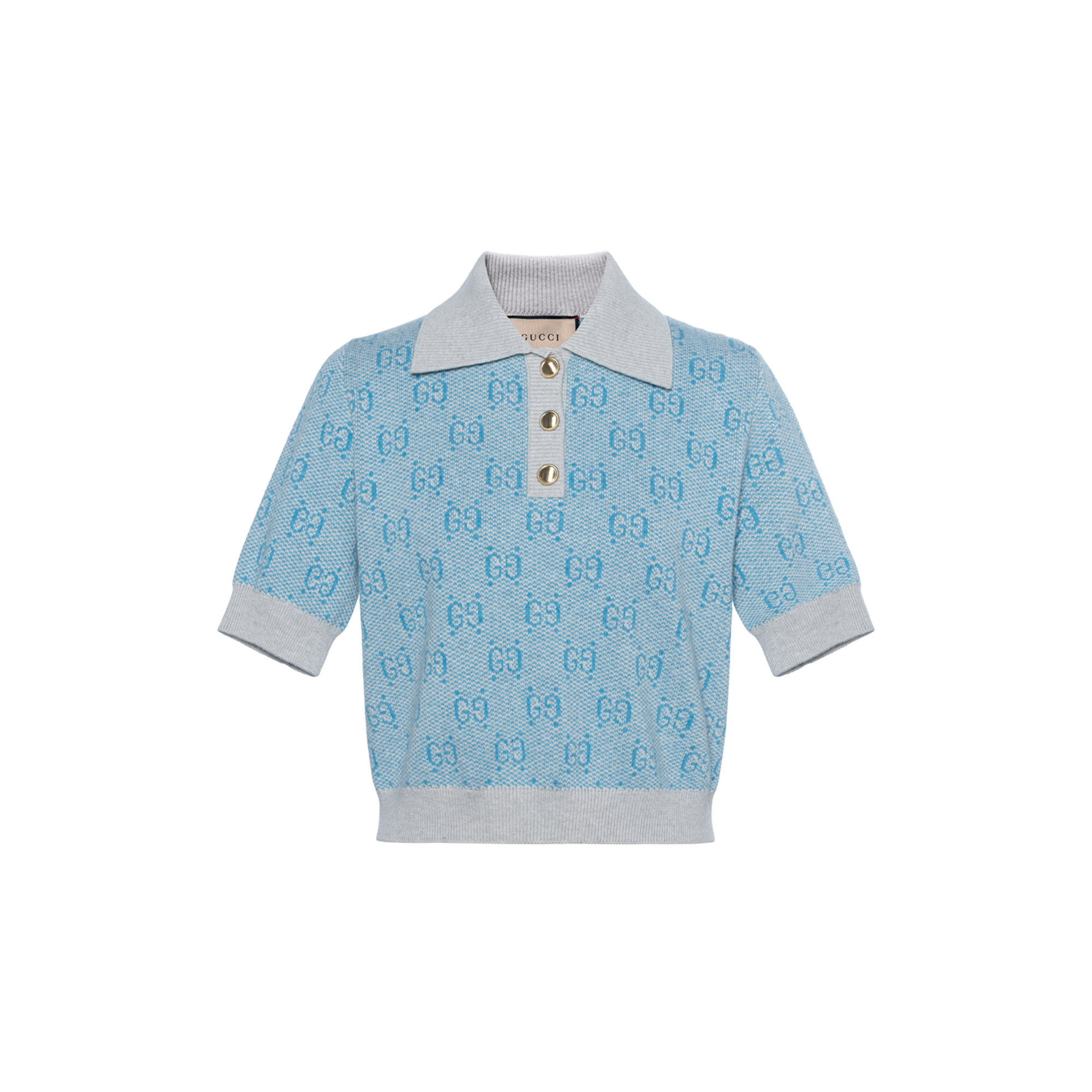 (Women) Gucci SS24 Women’s Logo Jacquard Knit Short Sleeve Polo Light Blue 773631-XKDK5-4576