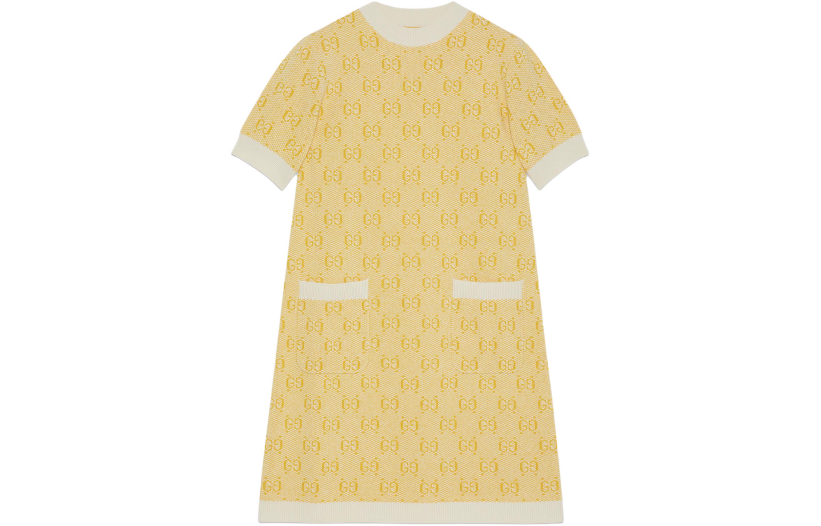 (Women) Gucci SS24 Yellow Logo Jacquard Short-Sleeve Dress 773633-XKDK5-7218