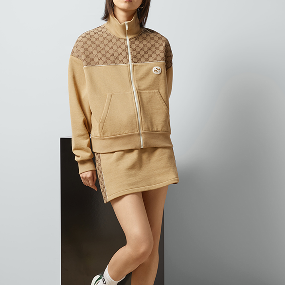 Purchase (Women) GUCCI SS24 Zip-Up High Neck Letter Print Sweatshirt Beige 773742-XJF8U