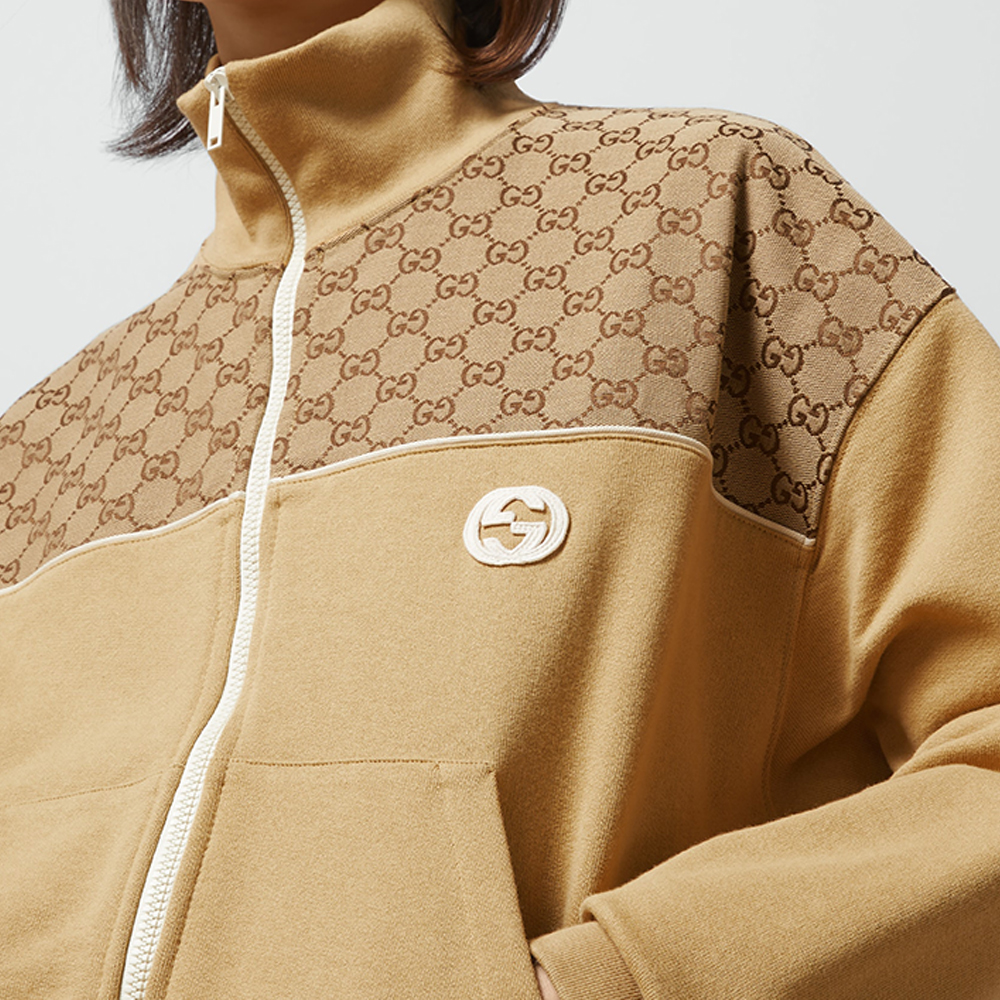 Details for (Women) GUCCI SS24 Zip-Up High Neck Letter Print Sweatshirt Beige 773742-XJF8U