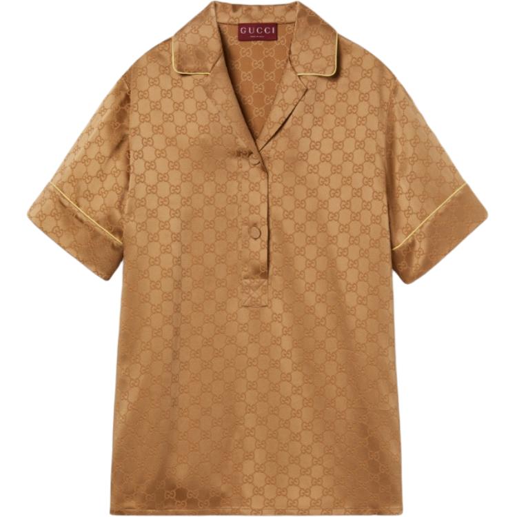(Women) GUCCI SS25  Satin Short Sleeve Shirt with Logo Print in Copper Brown 814927-ZAQKJ-2031