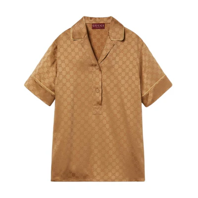 (Women) GUCCI SS25 Satin Short Sleeve Shirt with Logo Print in Copper Brown 814927-ZAQKJ-2031