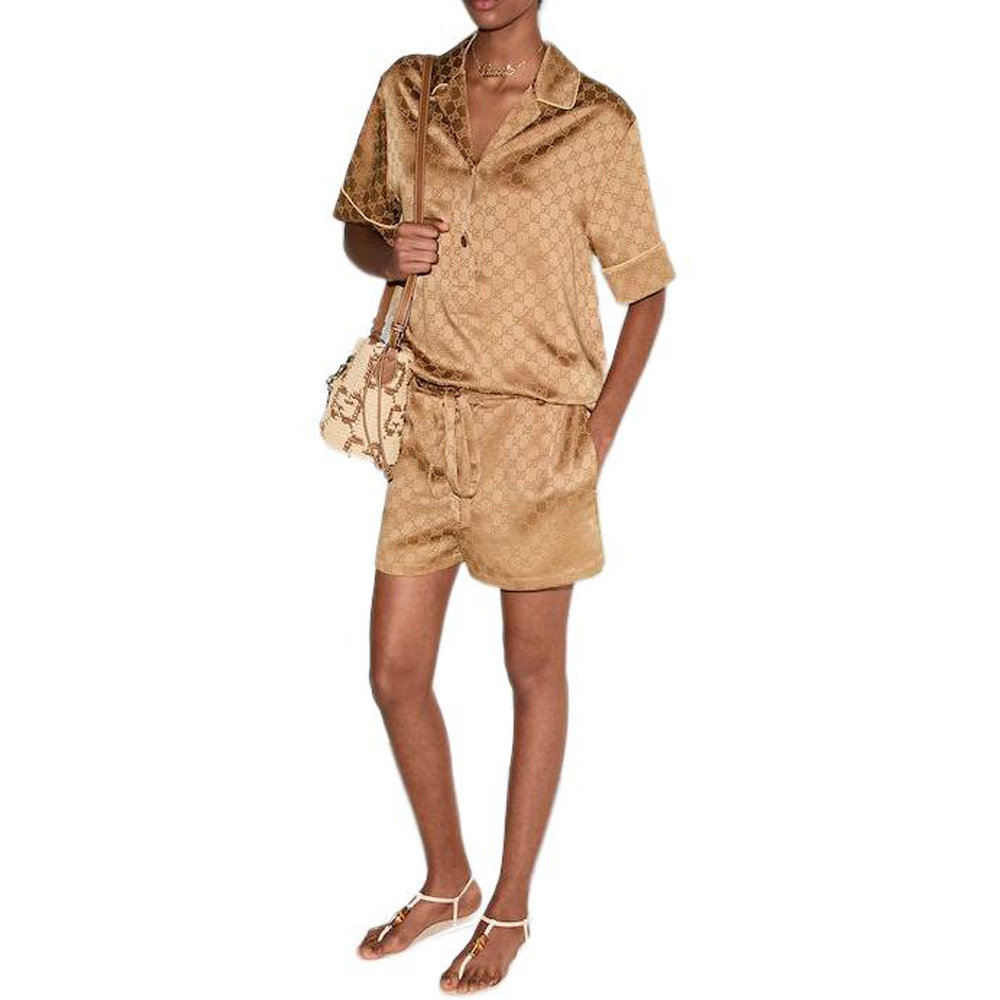 (Women) GUCCI SS25  Satin Short Sleeve Shirt with Logo Print in Copper Brown 814927-ZAQKJ-2031 圖 3