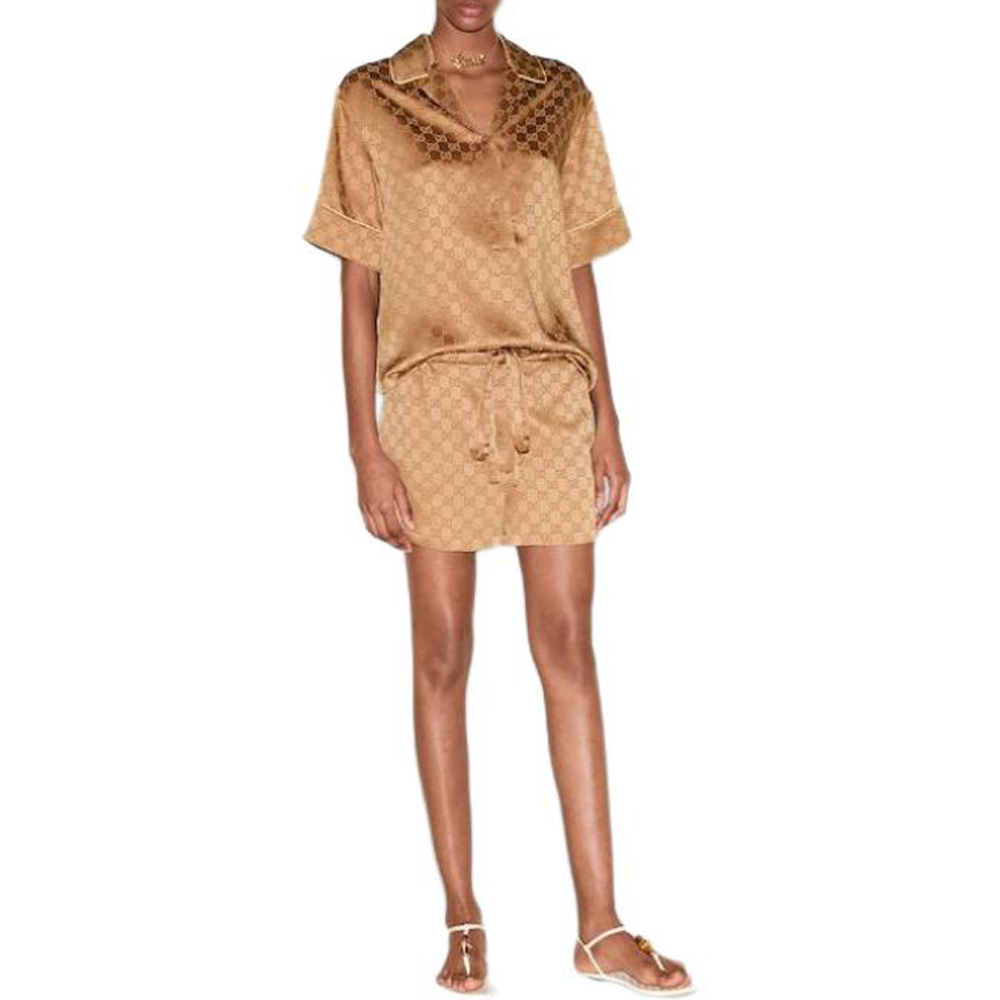 (Women) GUCCI SS25  Satin Short Sleeve Shirt with Logo Print in Copper Brown 814927-ZAQKJ-2031 圖 4