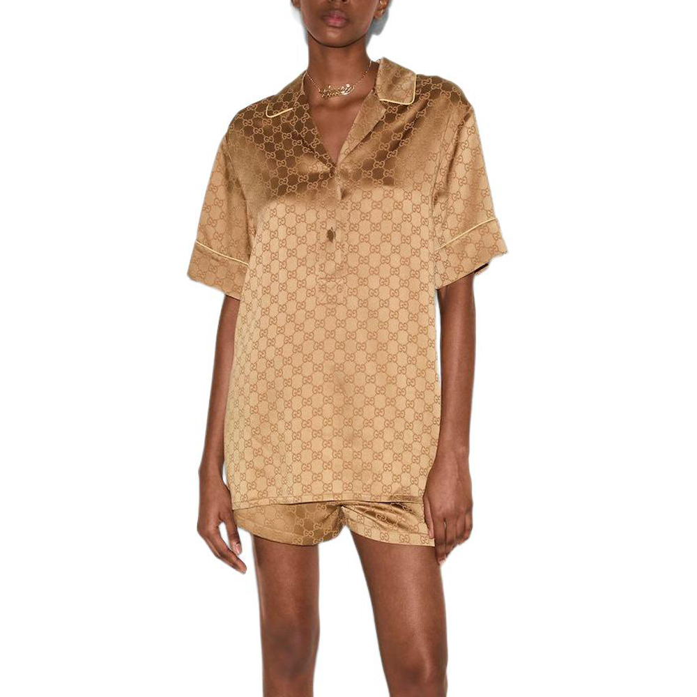 (Women) GUCCI SS25  Satin Short Sleeve Shirt with Logo Print in Copper Brown 814927-ZAQKJ-2031 圖 5