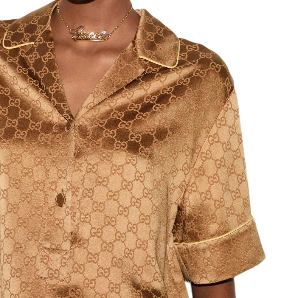 (Women) GUCCI SS25  Satin Short Sleeve Shirt with Logo Print in Copper Brown 814927-ZAQKJ-2031 圖 7
