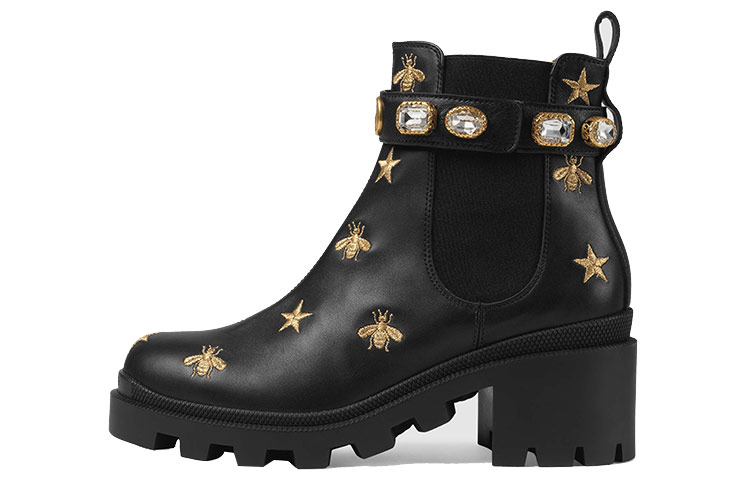 (W) Gucci Stars and Bee Embroidered Leather Ankle Boot With Belt 'Black'