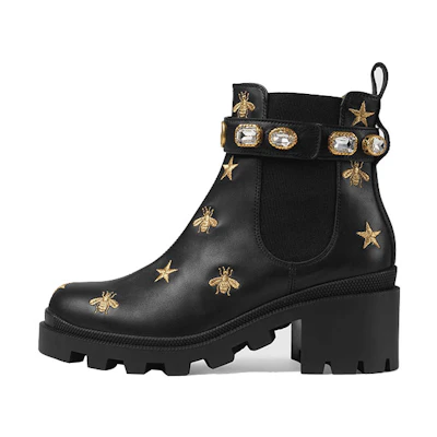 (W) Gucci Stars and Bee Embroidered Leather Ankle Boot With Belt 'Black'