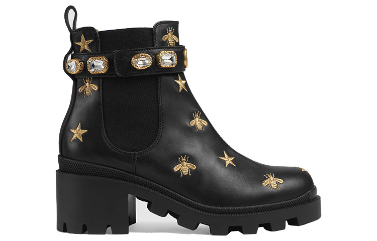 (W) Gucci Stars and Bee Embroidered Leather Ankle Boot With Belt 'Black' 圖 2