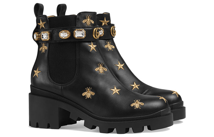 (W) Gucci Stars and Bee Embroidered Leather Ankle Boot With Belt 'Black' 圖 3