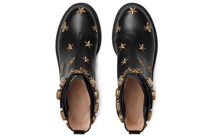 (W) Gucci Stars and Bee Embroidered Leather Ankle Boot With Belt 'Black' 圖 4