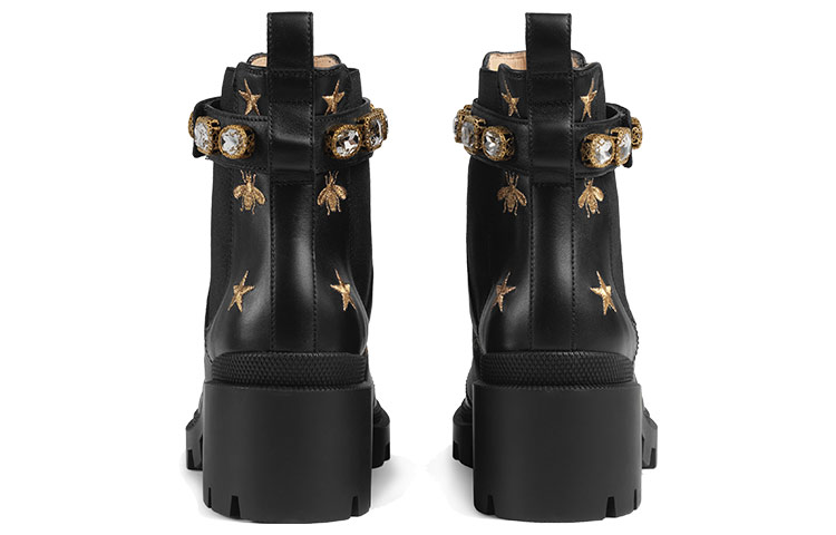 (W) Gucci Stars and Bee Embroidered Leather Ankle Boot With Belt 'Black' 圖 5