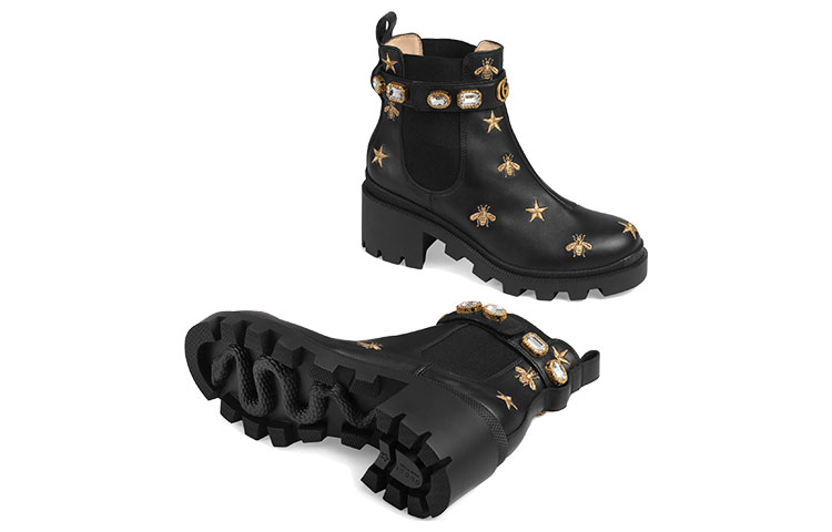 (W) Gucci Stars and Bee Embroidered Leather Ankle Boot With Belt 'Black' 圖 6