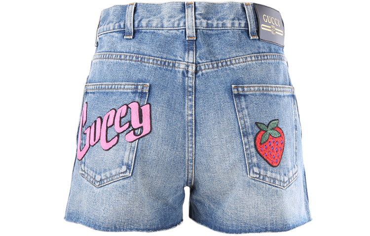 (Women) Gucci Strawberry Logo Patch Straight Denim Shorts Blue () 502798-XD909-4206