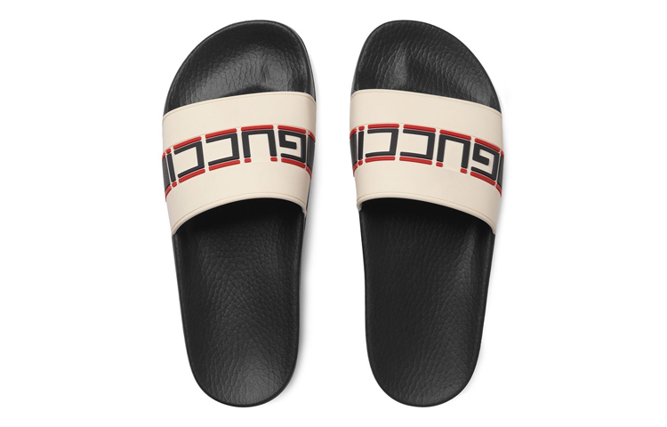 Shop GUCCI 古馳 條紋橡膠拖鞋 女款 米白色