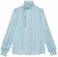 (Women) GUCCI Striped Ruffled Lantern Sleeve Blouse Women’s Light Blue Shirt 747969-ZAML0-4394 (Women) GUCCI Striped Ruffled Lantern Sleeve Blouse Women’s Light Blue Shirt 747969-ZAML0-4394