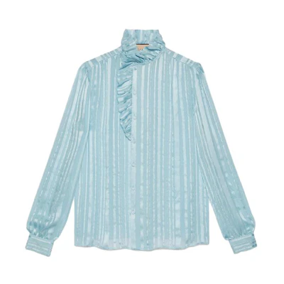 (Women) GUCCI Striped Ruffled Lantern Sleeve Blouse Women’s Light Blue Shirt 747969-ZAML0-4394