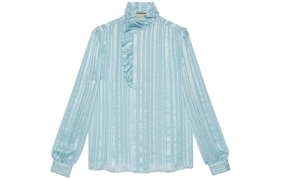(Women) GUCCI Striped Ruffled Lantern Sleeve Blouse Women’s Light Blue Shirt 747969-ZAML0-4394 圖 2