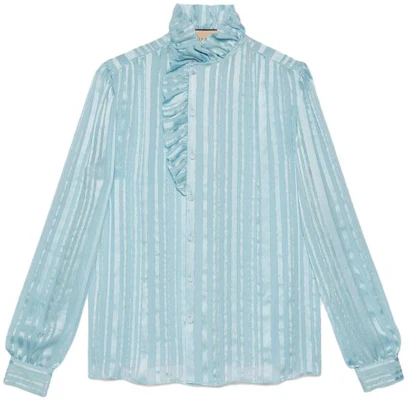 (Women) GUCCI Striped Ruffled Lantern Sleeve Blouse Women’s Light Blue Shirt 747969-ZAML0-4394 Order (Women) GUCCI Striped Ruffled Lantern Sleeve Blouse Women’s Light Blue Shirt 747969-ZAML0-4394