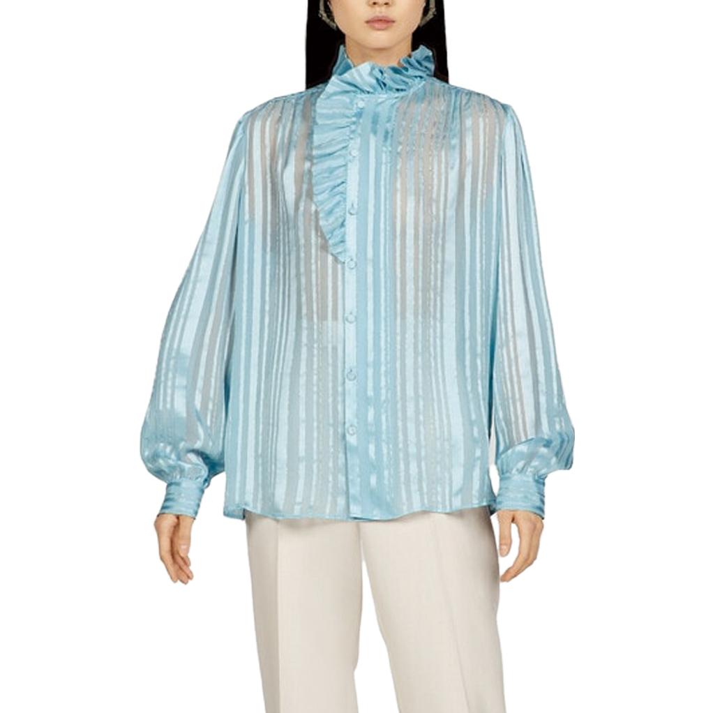 (Women) GUCCI Striped Ruffled Lantern Sleeve Blouse Women’s Light Blue Shirt 747969-ZAML0-4394 圖 3