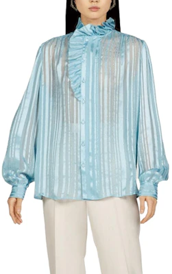 (Women) GUCCI Striped Ruffled Lantern Sleeve Blouse Women’s Light Blue Shirt 747969-ZAML0-4394 Lookbook (Women) GUCCI Striped Ruffled Lantern Sleeve Blouse Women’s Light Blue Shirt 747969-ZAML0-4394