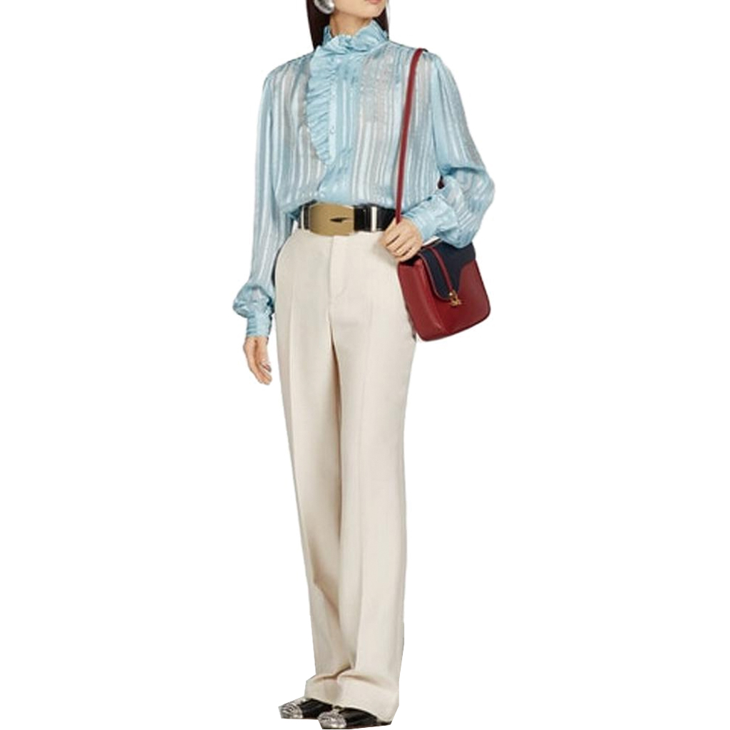(Women) GUCCI Striped Ruffled Lantern Sleeve Blouse Women’s Light Blue Shirt 747969-ZAML0-4394 圖 5