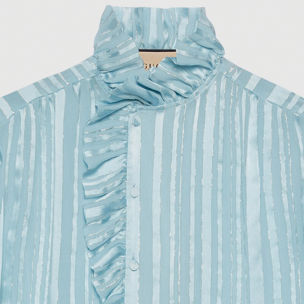 (Women) GUCCI Striped Ruffled Lantern Sleeve Blouse Women’s Light Blue Shirt 747969-ZAML0-4394 圖 6