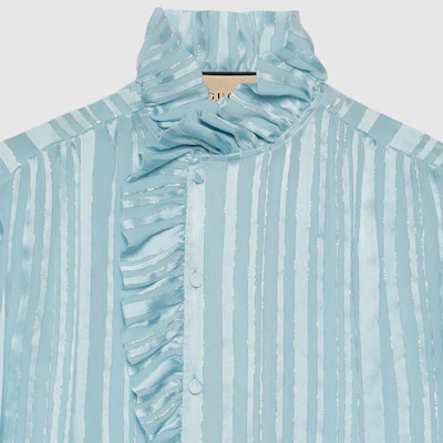 (Women) GUCCI Striped Ruffled Lantern Sleeve Blouse Women’s Light Blue Shirt 747969-ZAML0-4394 Details for (Women) GUCCI Striped Ruffled Lantern Sleeve Blouse Women’s Light Blue Shirt 747969-ZAML0-4394